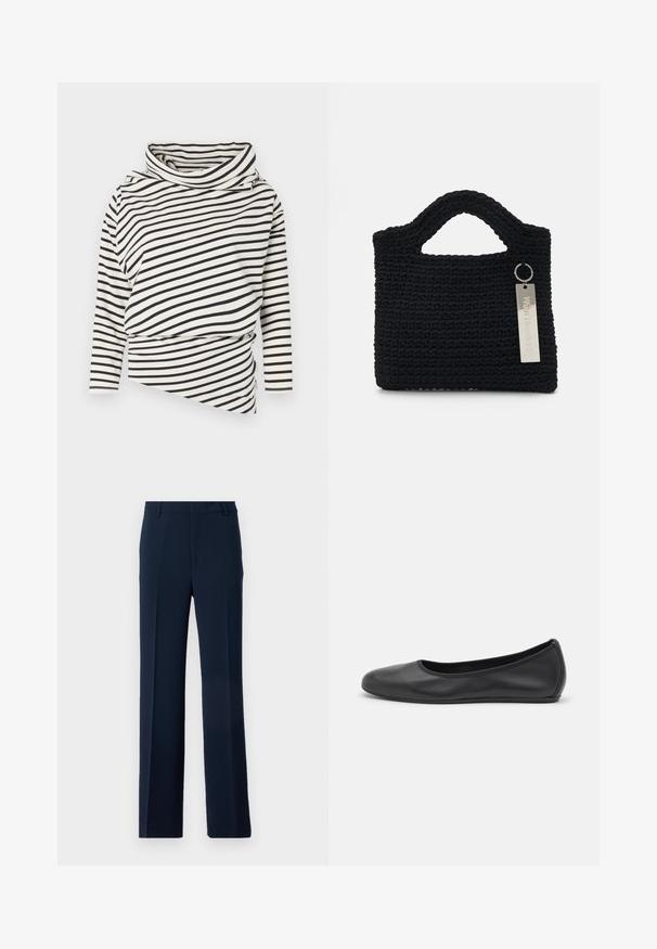 Asymmetrical long-sleeve top in cream with black stripes, featuring a high collar and draped front design with a textured finish.; Navy blue trousers made of smooth fabric, featuring a straight leg design with front pleats and side pockets for a tailored look.; Black leather ballet flat with a rounded toe, smooth texture, minimal stitching detail, and a flexible sole design.; Won Hundred MARSIELLE COMPUTER BAG UNISEX - Laptop bag - black