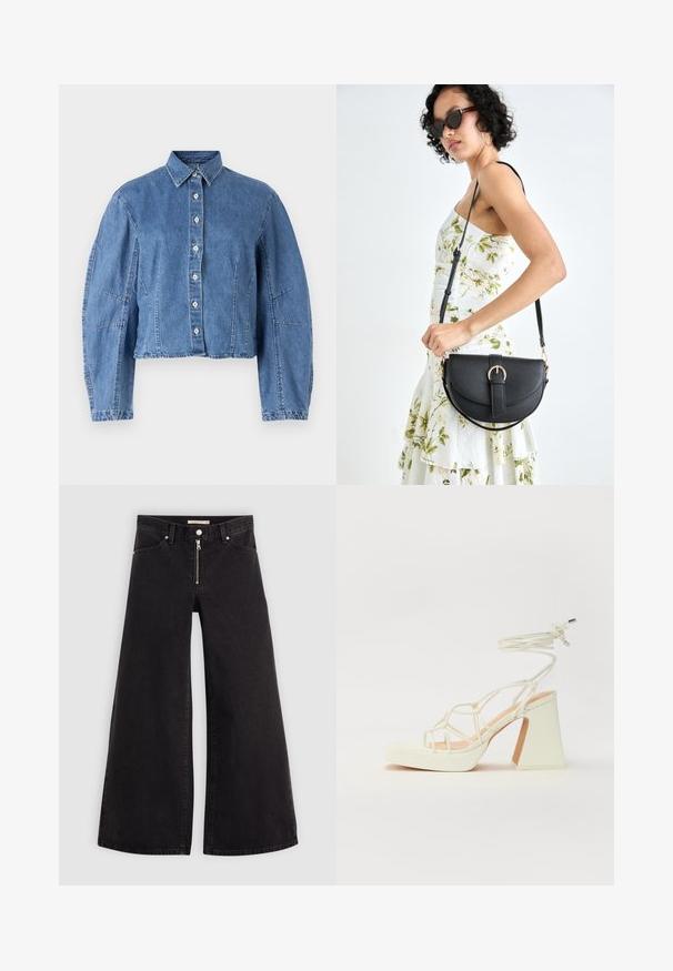 Jacket de ganga cropped em azul claro, com fecho de botão à frente, gola pontiaguda e mangas bufantes com costuras laterais.; Calças de ganga de perna larga em denim preto com fecho éclair à frente, design de cinco bolsos e detalhes de costura subtil. Textura suave e estilo casual.; Sandálias brancas de salto alto com um salto robusto, apresentando um design com tiras e amarração no tornozelo. Textura suave com uma plataforma na frente para altura adicional.; Bolsa de couro preta com forma curva, alça destacável e detalhes em dourado. A bolsa possui uma aba com detalhe de fivela.