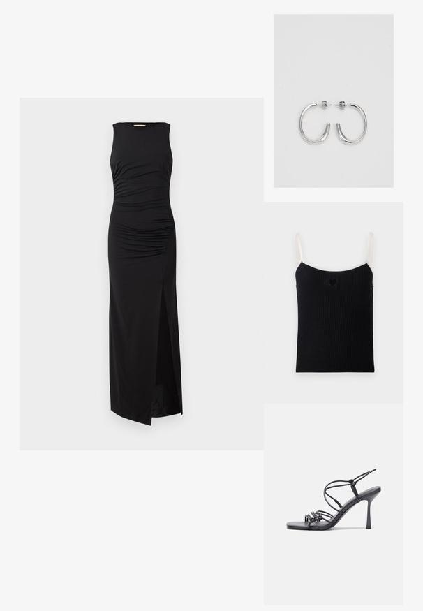 Débardeur noir à côtes avec des fines bretelles crème et une petite découpe en forme de cœur à l'avant. Texture douce, design ajusté et style minimaliste.; Robe maxi noire sans manches avec des détails froncés au niveau du corsage et une fente haute sur un côté. Fabriquée en tissu lisse et extensible.; Des sandales noires à talons hauts avec des fines lanières au design noué, un bout carré lisse et un talon aiguille élégant.; Sac à main en métal gris clair avec une bandoulière en chaîne, orné de petits clous métalliques ronds et d'un logo de marque triangulaire.; Boucles d'oreilles créoles en argent avec une surface lisse et brillante, présentant une forme incurvée et une fermeture à tige. Design minimaliste avec une finition moderne.