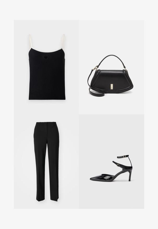 Sort ribbet tanktop med tynde creme farvede stropper og lille hjerteudskæring foran. Blød tekstur, tætsiddende design og minimalistisk stil.; Sorte skræddersyede bukser med lige ben-design, der har en glat tekstur og skarpe folder langs fronten. Ingen synlige hardware.; Sorte laklæderhæle med spids tå, justerbare ankelstropper og en slank hæl. Glat tekstur med en skinnende finish.; Sort læderhåndtaske med en struktureret design, der har en kortet form, tophåndtag og guld hardware-accenter. Justerbar skulderrem inkluderet.