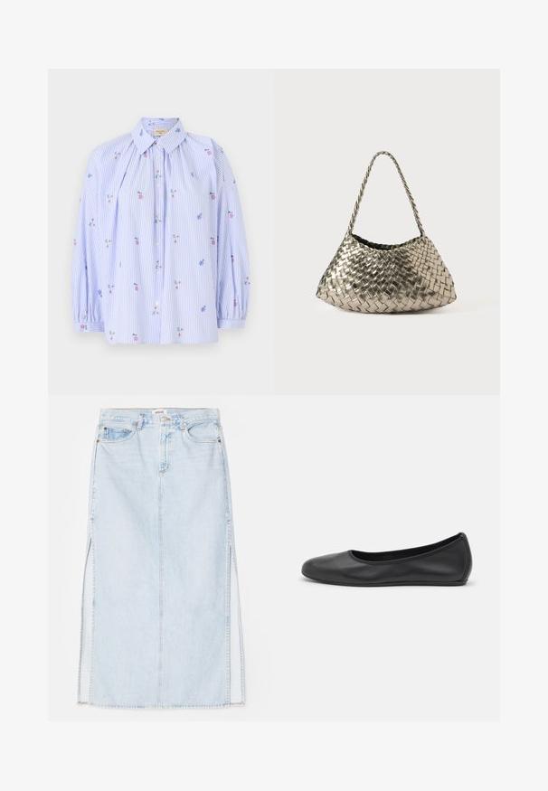 Camicia a righe blu e bianche con ricami floreali, design con bottoni sul davanti, maniche lunghe a palloncino e colletto classico. Tessuto in cotone leggero.; Gonna maxi in denim azzurro chiaro con taglio dritto, dotata di spacchi laterali e design a cinque tasche. Cuciture in evidenza e chiusura con bottone in metallo.; Pantofole da balletto nere in pelle con punta arrotondata, texture liscia, dettagli di cucitura minimi e design con suola flessibile.; Borsa in tessuto metallico intrecciato con forma triangolare, dotata di una tracolla intrecciata e un interno rivestito in velluto. Colore: argento. Texture: liscia e simile a un tessuto.