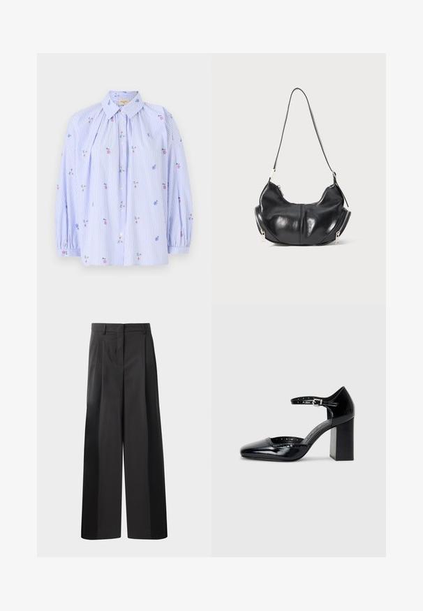 Cămașă în dungi alb-albastre, cu broderie florală, design cu nasturi pe față, mâneci lungi tip puff și guler clasic. Material din bumbac ușor.; Pantaloni negri cu talie înaltă, cu picioare largi, având pliseuri frontale, o textură netedă și un finisaj croit. Concepuți pentru o croială relaxată.; Pantofi cu toc înalt din piele lăcuită neagră, cu vârf pătrat, curea pentru gleznă și toc gros. Include detalii perforate de-a lungul marginii.; Geantă de umăr din piele neagră, în formă de semilună, cu fermoare argintii pe ambele părți și o singură curea.