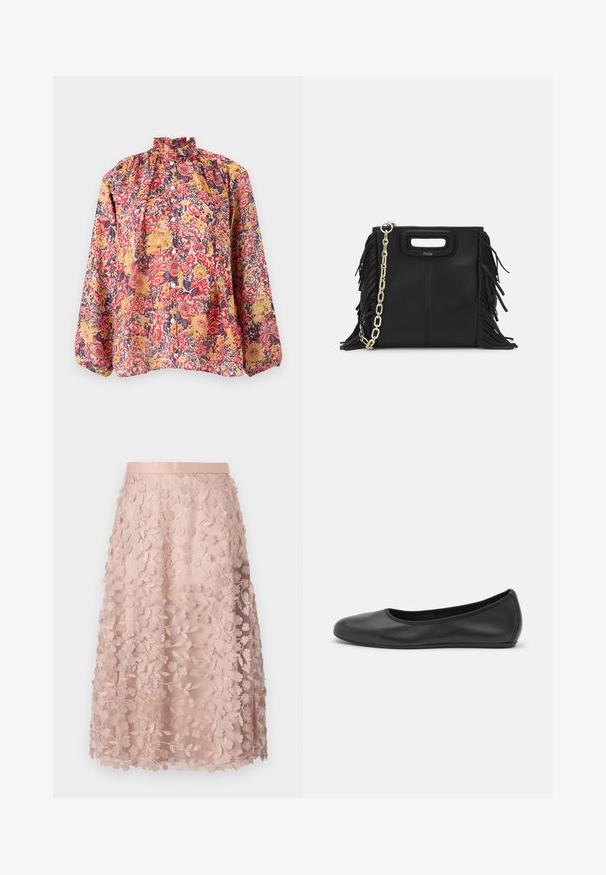 Pikad varrukad, lillemustriga pluus, millel on kõrge kaelus, mitmevärviline trükk punase, kollase, tumesinise ja valgega. Valmistatud kerge materjali kasutades, nööpdetailide jaotusega.; Soe roosa pitsist midi-seelik, millel on lilleline tikand, sobitatud vöökoht ja kihiline disain, rõhutades õrna tekstuuri.; Musthave mustika tantsutossud mustast nahast, ümmarguse varbaga, siledast tekstuurist, minimaalse õmblusdetailiga ja paindliku tallakujundusega.; Musta nahk käekott, millel on frantsiisid, kuldne ahelsanga ja lõigatud käepide. Esiosas on logot.