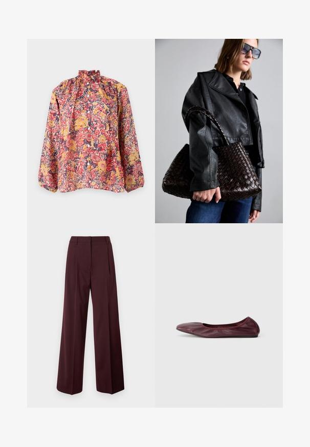 Blusa floreale a maniche lunghe con scollatura alta, stampa multicolore in rosso, giallo, blu navy e bianco. Realizzata in tessuto leggero, con dettagli di bottoni.; Pantaloni a gamba larga in bordeaux scuro con una texture del tessuto liscia. Presentano una vita aderente, pieghe frontali e nessuna ferramenta visibile.; Ballet flat in pelle bordeaux scuro, con punta arrotondata, bordo elasticizzato e superficie liscia con dettagli di pieghe sottili.; DRAGON DIFFUSION SANTA CROCE BIG - Borsa a mano - dark brown