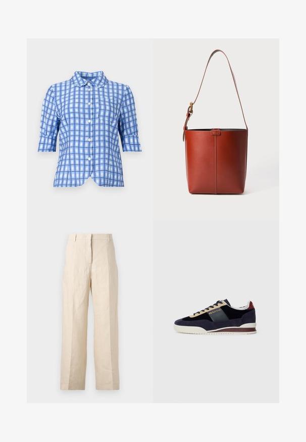 Blue checkered short-sleeve shirt featuring a classic collar, button-down front, and a curved hem, made from a lightweight fabric.; Beige linen trousers with a loose fit, pleated front, and straight legs. Features a waistband with belt loops and no visible pockets.; Navy suede sneakers with beige and dark blue accents. Features a white rubber sole and gold branding on the side. Classic athletic design.; Brown leather bucket bag with adjustable shoulder strap and gold-tone buckle, simple vertical seam detail on front.