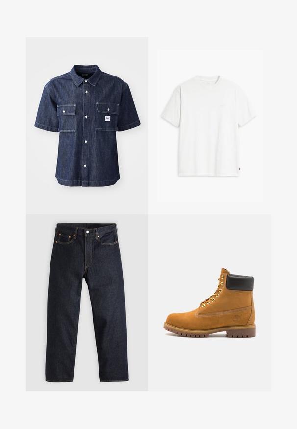 Tmavomodrá riflová košeľa s krátkym rukávom, so zapínaním na gombíky, ktorá má dve náprsné vrecká a malú nášivku loga pri ľavom vrecku.; Biely bavlnený tričko s krátkymi rukávmi, okrúhlym výstrihom a jemným logom Levi's potlačeným v strede. Mäkčená textúra a štandardný strih.; Tmavomodré džínsy s rovnými nohavicami, piatimi vreckami, kontrastným oranžovým prešívaním a gombíkovým zapínaním. Žiadne viditeľné vzory alebo ozdoby.; Tyrkysové semišové členkové topánky s čiernym polstrovaným golierom, zlatými kovovými očkami, bielym prešívaním a robustnou gumovou podrážkou s výraznými drážkami.