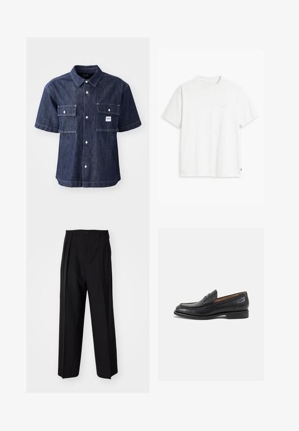 Tamsiai mėlyna džinsinė trumpomis rankovėmis marškinėliai su mygtukų uždarymu, su dviem krūtinės kišenėmis ir mažu logotipo ženkleliu šalia kairės kišenės.; Balta medvilninė marškinė su trumpomis rankovėmis, apvaliu kaklu ir subtiliu Levi's logotipu viduryje. Minkšta tekstūra ir standartinė išvaizda.; Juodi klostuoti kelnių, su tiesiu, plačiu kojų dizainu. Pagaminti iš lygios medžiagos, su mygtukų uždarymu ir diržo kilputėmis.; Juodi odiniai loafersai su lygiu paviršiumi, apvaliu pirštu ir dekoratyvine siūlė viršuje. Žemas sustiprintas kulnas ir lengvas blizgesys.