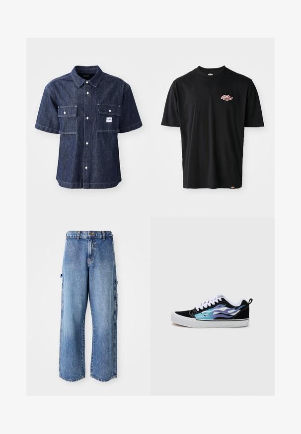 Camicia a maniche corte in denim blu scuro, con chiusura a bottoni e due tasche sul petto, dotata di una piccola etichetta con logo vicino alla tasca sinistra.; T-shirt in cotone nero con scollo rotondo, maniche corte e un piccolo logo Dickies rosso e bianco sul petto. Vestibilità classica.; Pantaloni cargo in denim azzurro chiaro con vestibilità a gamba larga, dotati di tasche laterali, una texture consumata e un orlo leggermente sfilacciato.; Sneakers neri in suede con suola in gomma bianca. Presentano design di fiamme iridescenti blu e viola. Lacci bianchi e un tab posteriore per facilitare la calzata.