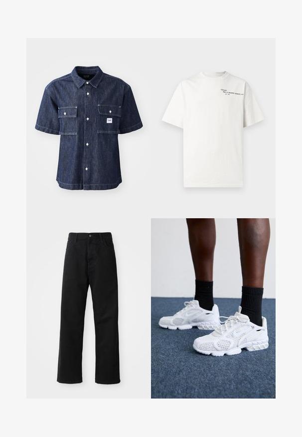 Tume sinine denimist lühikeste varrukatega särk, millel on nööpidega esiosa, kaks rinna taskut ja väike logo silt vasaku tasku lähedal.; Valge puuvillane t-särk lühikeste varrukate, ümar kaelusega ja musta trükitekstiga rinnal, kus on kirjas "Carhartt Work in Progress 1989."; Mustadest denimist püksid sirge lõikega, mis sisaldavad ees taskuid, lukufliisi ja ühte ülemist nööpi. Tekstureeritud kangas mati viimistlusega.; Valged spordijalatsid, millel on võrkmaterjalist pealne, tekstuuriga detailid ja pehme tallaga. Koos mustade ribadena sokkidega sinisel vaipkattega pinnal.