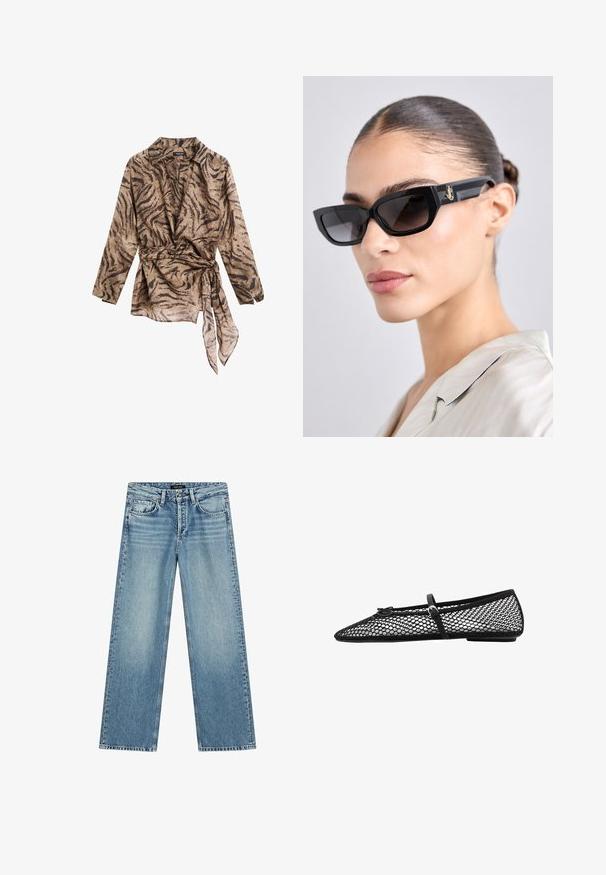 Langärmlige, kragenlose Wickelbluse in Beige mit einem braunen Tigermuster; verfügt über eine gebundene Taille und eine weiche, durchsichtige Textur.; Hellblaue Jeans mit weitem Bein aus Denim. Verfügt über fünf Taschen, einen Knopfverschluss und dezentes Verblassen, das eine strukturierte Optik erzeugt.; Schwarze Netz-Balletflats mit spitz zulaufender Zehenpartie, dekorativem Riemen und dezentem Akzent. Sie verfügen über ein offenes Netzdesign und eine flache Sohle.; Schwarze rechteckige Sonnenbrille mit getönten Gläsern, ausgestattet mit klobigen Rahmen und goldenen Hardware-Details an den Bügeln. Glatte, glänzende Oberfläche.; Geflochtener brauner Handtasche mit runder Silhouette, ausgestattet mit einem oberen Griff und strukturierten Oberfläche. Kompaktes Design mit flachem Boden für Stabilität.