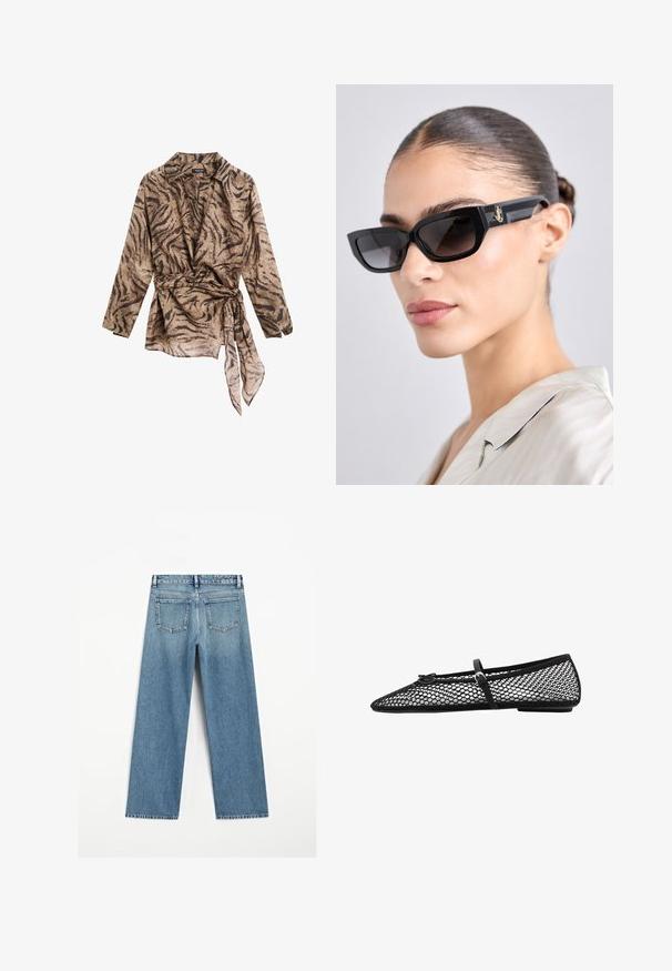 Blusa avvolgente a maniche lunghe con colletto in beige con motivo a strisce di tigre marroni; presenta un girovita con nodo e una morbida texture trasparente.; Jeans in denim azzurro chiaro con un taglio a gamba larga, dotati di due tasche posteriori e orlo sfilacciato. Realizzati in tessuto di cotone testurizzato.; Ballerina nera in rete con punta affusolata, cinghia decorativa e accento sottile. Presenta un design a rete aperta e suola piatta.; Occhiali da sole rettangolari neri con lenti oscurate, caratterizzati da montature spesse e dettagli in metallo dorato sulle tempie. Texture liscia e lucida.; Borsa a tracolla intrecciata marrone con silhouette arrotondata, dotata di manico superiore e superficie testurizzata. Design compatto con base piatta per maggiore stabilità.