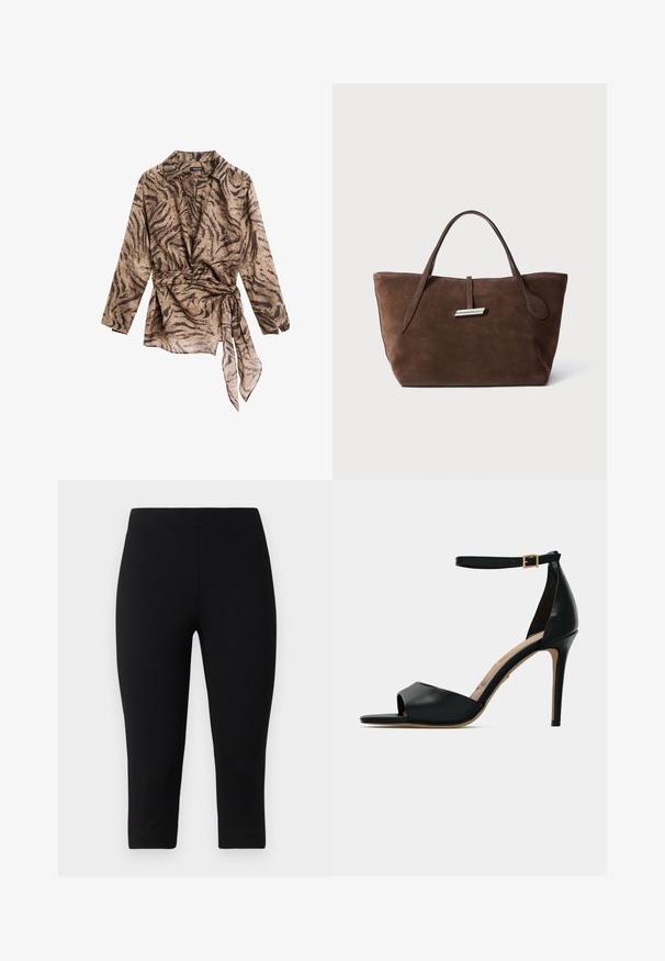 Langærmet, kraveholdig indpakningsbluse i beige med et brunt tigerstribemønster; har en bundet talje og en blød, gennemsigtig tekstur.; Sorte capri leggings lavet af strækbart materiale, med en tætsiddende pasform og glat tekstur, uden fremtrædende mønstre eller accenter.; Sort højhælet sandal med åben tå, glat læderoverdel, ankelrem med guldspænde og en beige sål.; Brun ruskinds tote bag med to bløde håndtag, et vertikalt bånd med en sølvdetalje og en bred, åben top. Glat tekstur, minimalistisk design.