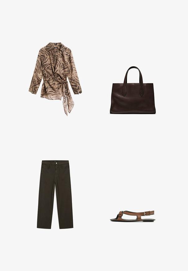 Langärmlige, kragenlose Wickelbluse in Beige mit einem braunen Tigermuster; verfügt über eine gebundene Taille und eine weiche, durchsichtige Textur.; Dunkelgrüne Jeans im weit geschnittenen Style, hergestellt aus einem Baumwollgemisch. Sie verfügen über einen Frontknopfverschluss, fünf Taschen und klassische Denim-Nähte.; Braune Leder-Sandale mit offener Zehenpartie und seitlichen Ausschnitten. Sie verfügt über einen Knöchelriemen mit einer metallischen Schnalle und eine flache Sohle.; Braune Ledertasche mit zwei langen Griffen, strukturierte rechteckige Form, glatte Textur und dezente Nähdetails.