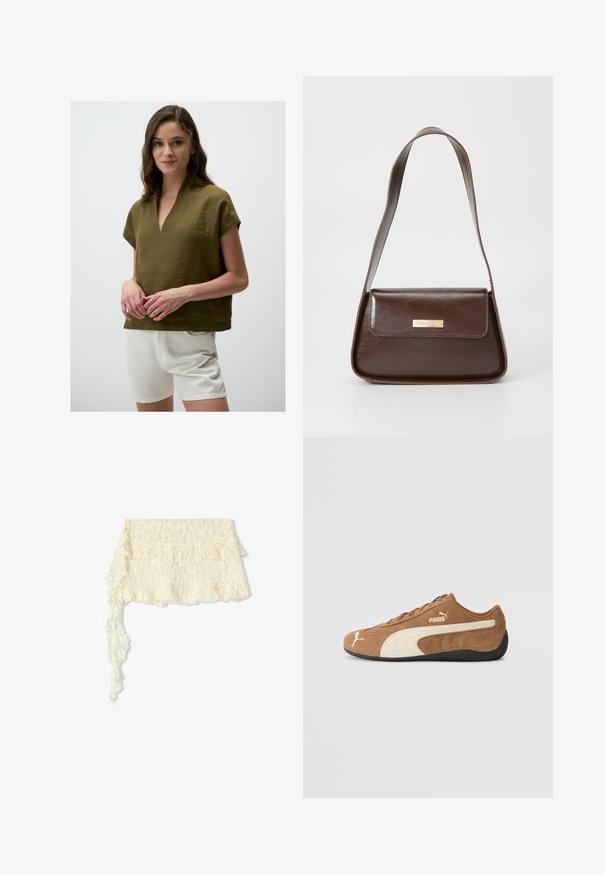 Olivgrünes Leinenoberteil mit V-Ausschnitt, kurzen Ärmeln und lockerer Passform, kombiniert mit weißen Shorts. Der strukturierte Stoff sorgt für einen lässigen Look.; Spitzenstola in Elfenbein mit Fransen; verfügt über komplizierte Blumenmuster; fließt sanft mit einem langen, nachlaufenden Ende.; Braune Wildleder-Low-Top-Sneaker mit cremefarbenen Akzenten, strukturierter Oberfläche, schwarzer Gummisohle und gesticktem Logo an der Seite und Zunge.; Braune Lederschultertasche mit strukturierter Form, ausgestattet mit einem magnetischen Klappenverschluss und einem metallischen Logoakzent auf der Vorderseite.