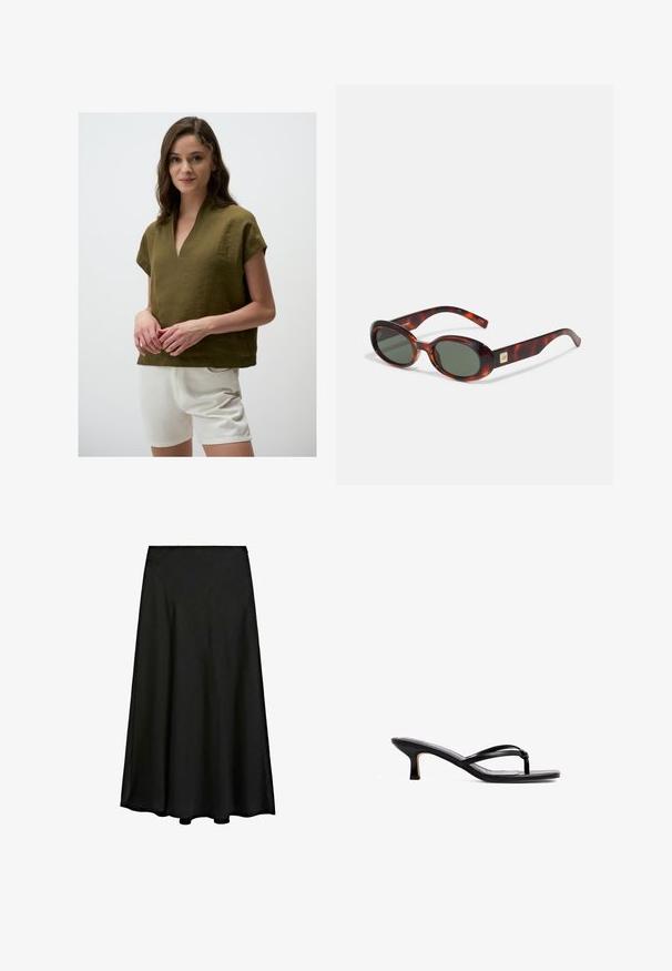 Olijfgroene linnen top met een v-hals, korte mouwen en een losse pasvorm, gecombineerd met witte shorts. De gestructureerde stof zorgt voor een casual uitstraling.; Zwarte maxirok van soepel materiaal, met een A-lijn silhouet en een vloeiende uitstraling die tot de enkels valt, met een nette zoom.; Zwarte haksandalen met een dun, strap-ontwerp en een knoopdetail bij de teen. Gemaakt van glad materiaal, met een lichte hak.; Schildpadbril met donkere lenzen, ovale vorm en brede armen. Voorzien van een kleine gouden accent aan de zijkant. Glad plastic materiaal.; Witte handtas met een gebogen silhouet, textuurleer, gouden hardware en een afneembare schouderriem met een logo en gespdetail.