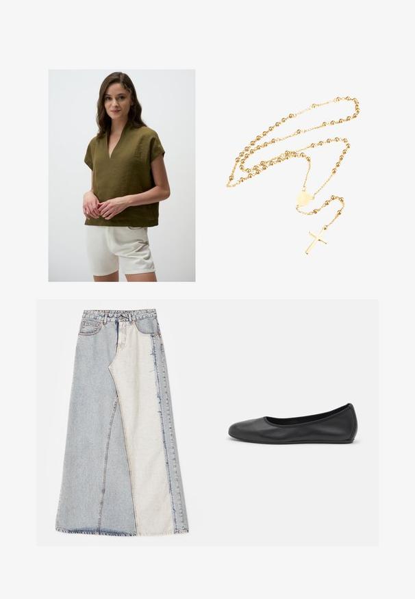 Olijfgroene linnen top met een v-hals, korte mouwen en een losse pasvorm, gecombineerd met witte shorts. De gestructureerde stof zorgt voor een casual uitstraling.; Denim rok met een patchworkontwerp bestaande uit lichte en middelblauwe secties, rafelige zomen en een hoge taille. Klassiek vijf-pocket model.; Zwarte leren ballerina met een ronde neus, gladde textuur, minimale stikdetails en een flexibele zoolontwerp.; Gouden rosary ketting met ronde kralen, een centraal decoratief medaillon en een kruispendant. Gladde afwerking overal.