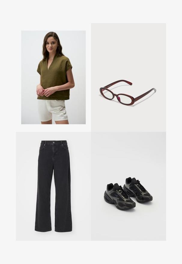 Olijfgroene linnen top met een v-hals, korte mouwen en een losse pasvorm, gecombineerd met witte shorts. De gestructureerde stof zorgt voor een casual uitstraling.; Zwarte denim wijde pijpen jeans met een hoge taille, vijfzakkenontwerp en ritssluiting. Soepele textuur met minimale zichtbare stiksel details.; Zwarte sportieve schoenen van synthetisch materiaal, met gaasaccenten en ronde zolen. Beschikt over een vetersysteem en een opvallend Nike-logo op de tong.; Ovaalvormige rode zonnenbril met heldere lenzen en slanke bruine montuur. Het ontwerp heeft subtiele rondingen en minimale hardware.; Zwarte leren handtas met een gestructureerde vorm, een gladde textuur en een enkele schouderband. Heeft een subtiele, afgeronde klepontwerp.; Zilverkleurige Casio kwarts horloge met rechthoekige wijzerplaat, analoge en digitale displays, roestvrijstalen band en waterbestendige eigenschappen.