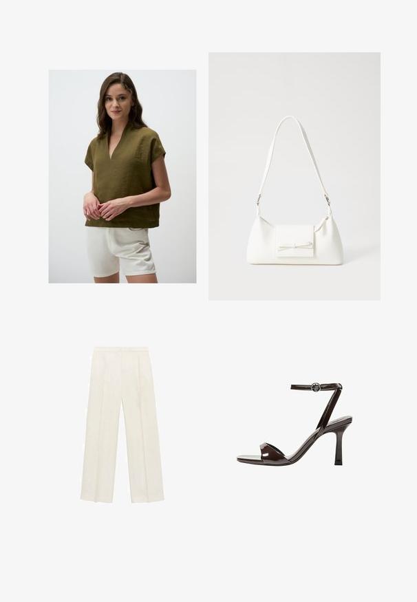 Top in lino verde oliva con scollatura a V, maniche corte e vestibilità ampia, abbinato a pantaloni corti bianchi. Il tessuto testurizzato crea un look casual.; Pantaloni a gamba larga di un leggero colore crema. Realizzati in un tessuto morbido con pieghe sul davanti e tasche laterali.; Sandalini con tacco alto in pelle verniciata marrone, con cinturino alla caviglia, punta aperta e un design elegante e minimalista. Presentano un tacco quadrato.; Borsa sintetica bianca a forma triangolare, con patta anteriore piatta e dettaglio a fiocco, tracolla regolabile, texture liscia e design minimalista.