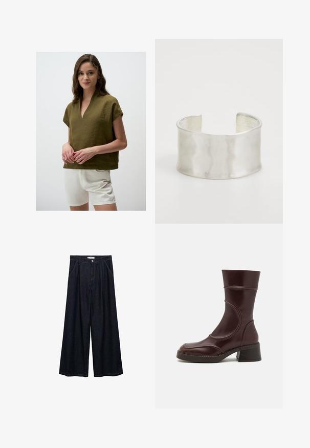 Olivgrünes Leinenoberteil mit V-Ausschnitt, kurzen Ärmeln und lockerer Passform, kombiniert mit weißen Shorts. Der strukturierte Stoff sorgt für einen lässigen Look.; Dunkelblaue, weite High-Waist-Hosen aus Denim mit einem Knopfverschluss vorne, zwei Seitentaschen und Nähdetails.; MIISTA MALENE - Stiefelette - brown; Zign Armband - silver-coloured