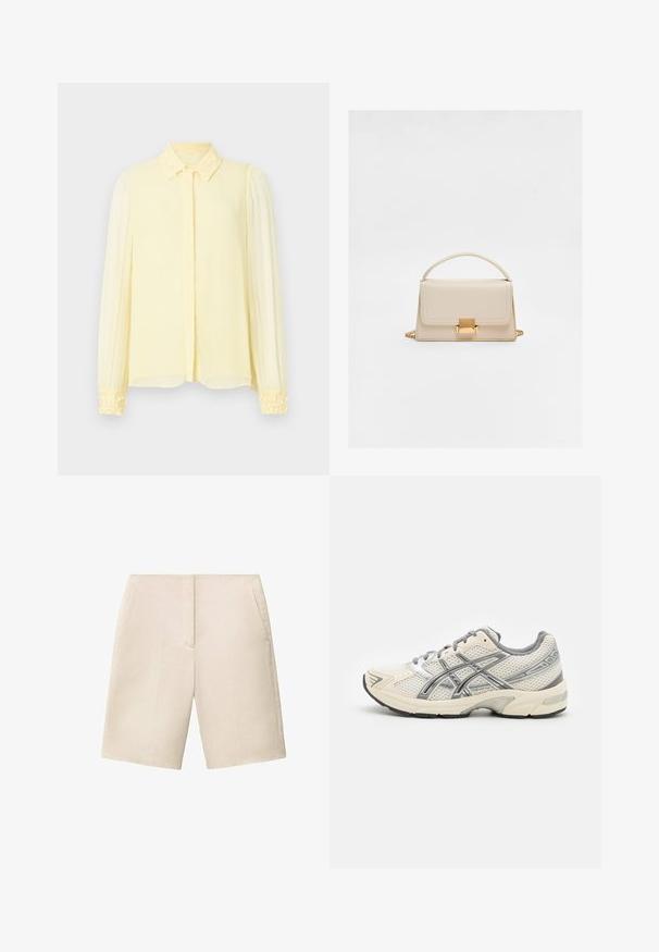 Geel blouse met een gestructureerde kraag, lange mouwen met gathered cuffs en een zachte, textuurstof. Voorkant met knopen sluiting.; Beige linnen shorts met een rechte voorkant, twee zijzakken en een knielange snit, met een gladde textuur en een op maat gemaakte uitstraling.; Hardloopschoenen met een ademend wit mesh bovenwerk, zilveren accenten, grijze veters en een duurzame zwarte rubberen zool. Lichtgewicht, gevoerd ontwerp.; Beige leren handtas met een gestructureerd ontwerp, een bovenhandgreep, kettingriem en een gouden sluiting. Gladde textuur en strakke lijnen.