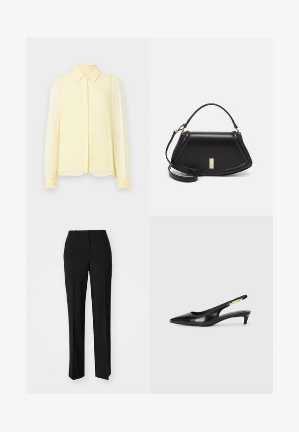 Yellow blouse with a structured collar, long sleeves featuring gathered cuffs, and a soft, textured fabric. Front button closure.; Black tailored trousers with a straight-leg design, featuring a smooth texture and crisp creases along the front. No visible hardware.; Black leather slingback heels with a pointed toe, featuring a slim heel and a gold-tone accent on the adjustable strap. Smooth texture.; Black leather handbag with a structured design, featuring a cropped shape, top handle, and gold hardware accent. Adjustable shoulder strap included.