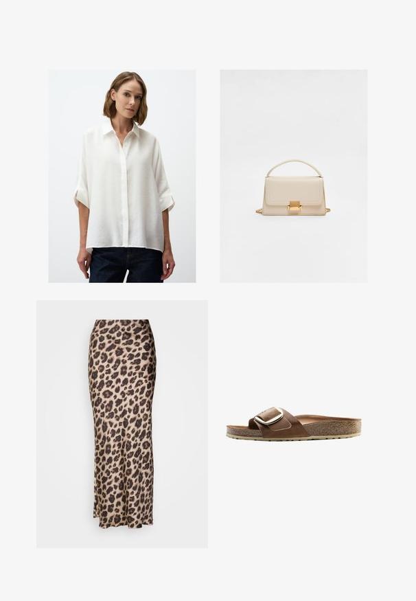 Biała koszula z guzikami o luźnym kroju, z krótkimi rolowanymi rękawami i teksturowanym materiałem. Połączona z ciemnymi dżinsami.; Spódnica midi w cętki z gładkiego satynowego materiału. Posiada dopasowany krój z delikatnym rozcięciem na dole, co umożliwia swobodne poruszanie się. W neutralnych odcieniach beżu i brązu.; Brązowe skórzane klapki z szerokim paskiem, metalowym zapięciem oraz konturowaną korkową wkładką na teksturowanej gumowej podeszwie.; Beżowa skórzana torebka o zarysowanej konstrukcji, z górnym uchwytem, łańcuszkiem i zapięciem z złotym wykończeniem. Gładka tekstura i czyste linie.
