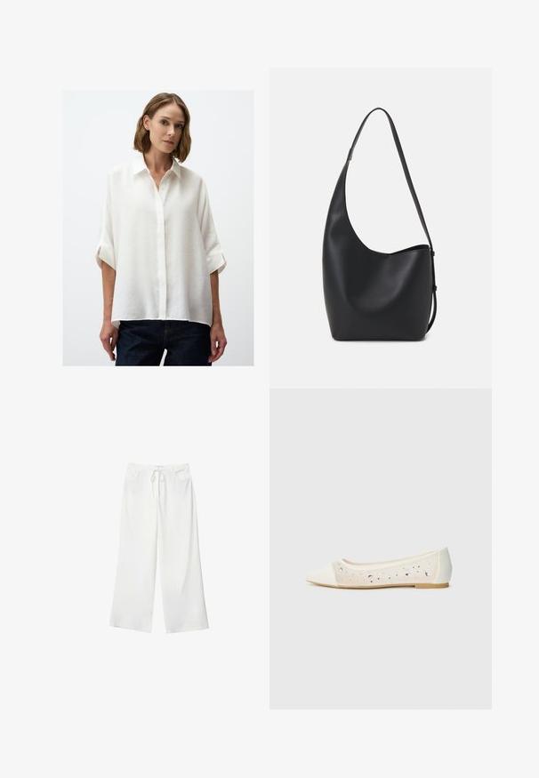 White button-up shirt with a loose fit, short rolled sleeves, and a textured fabric. Paired with dark denim jeans.; White wide-leg pants made of soft fabric, featuring a drawstring waist and two front pockets. Smooth texture and no visible patterns.; Pointed-toe flat in cream leather with transparent upper featuring scattered rhinestones. Soft sole for comfort, minimalistic design.; Black leather hobo bag with a smooth texture, curved shape, and single adjustable strap; features a wide opening at the top.