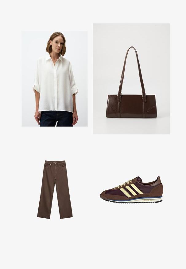 Witte blouse met een losse fit, korte opgerolde mouwen en een textuurstof. Gecombineerd met donkere denim jeans.; Brede bruine spijkerbroek van denim, met een hoge taille, voorzakken en een klassieke knoopsluiting. Soepele textuur met subtiele stiksels.; Bruine en bordeauxkleurige sneaker van suede en mesh materiaal, met drie crèmekleurige strepen, een gemêleerd stof op de tong en een rubberen zool.; Bruine lakleren handtas met een rechthoekige vorm, twee lange handvatten en subtiele gebogen accenten aan de voorkant.