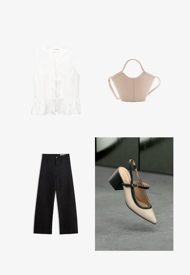 Hvid ærmeløs top med en bølget kant, frontknude detaljer og rund udskæring. Lavet af glat stof uden synlige mønstre.; Sorte wide-leg denim bukser med høj talje, der har front- og baglommer, syede sømme og en knaplukning. Glat tekstur.; Beige spids tå slingback sko med sort kant, guld spænde og en chunky blokhæl på grå gulv med mørkegrøn baggrund.; Lysebrun læderhåndtaske med en unik form, featuring to korte håndtag og et langt justerbart rem. Glat tekstur med minimal hardware.