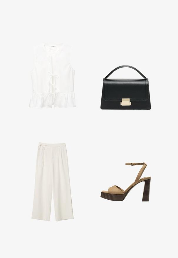 Weißes ärmelloses Oberteil mit Rüschensaum, Frontbindedetail und rundem Ausschnitt. Hergestellt aus glattem Stoff ohne sichtbare Muster.; Weite Hosen aus elfenbeinfarbenem Stoff mit glatter Textur. Verfügt über einen gebundenen Bund und einen gefalteten Vorderteil, konzipiert für eine entspannte Passform.; Beige Wildleder-Pumps mit hohem Absatz, breitem Vorderband und Knöchelriemen, ausgestattet mit einem klobigen Holzblockabsatz mit strukturiertem Finish.; Schwarze Lederhandtasche mit strukturiertem Design, oberem Griff und einem goldenen Metallschnappverschluss auf der Vorderseite. Glatte Textur, minimale Nähte.