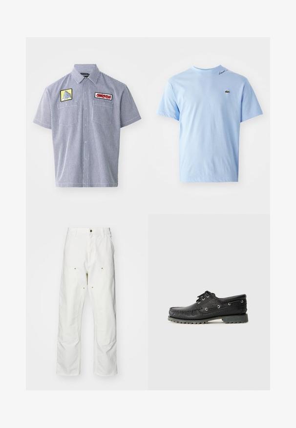 Cămașă cu mânecă scurtă și guler, din țesătură în dungi alb-albastre. Prezintă două embleme brodate pe piept și un capse.; Tricou scurt cu mânecă, de culoare albastru deschis, cu un mic logo brodat în formă de crocodil pe pieptul stâng și text cursiv lângă gât.; Pantaloni cargo din bumbac alb, cu o croială lejeră. Caracteristicile includ buzunare frontale, accesorii din metal aurit și secțiuni întărite la genunchi.; Pantofii negri din dantelă cu șireturi au vârful rotund, ochiuri metalice și o talpă din cauciuc gri robust. Au un model țesut pe partea superioară.