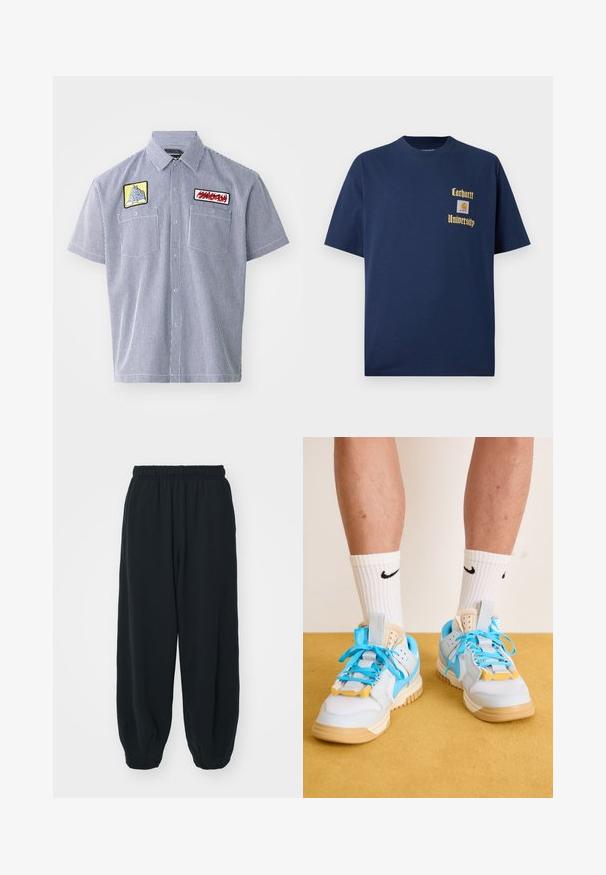 Korte mouwen, overhemd met kraag in marineblauwe en witte gestreepte stof. Heeft twee geborduurde patches op de borst en een knoopsluiting.; Marineblauwe katoenen T-shirt met korte mouwen, voorzien van gouden tekst "Carhartt University" en een logo-label op de linkerborst.; Zwarte, elastiche sweatpants met een losse pasvorm, manchetten aan de enkels, een zachte textuur en zonder zichtbare patronen of hardwareaccenten.; Lichtblauwe sneakers met tan kleurige zolen, uitgerust met opvallende turquoise veters en gele accenten. Textuurmaterialen en zichtbare luchtkussens.