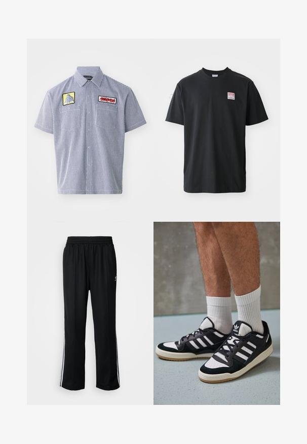 Short-sleeve, collared shirt in navy and white striped fabric. Features two embroidered patches on the chest and button placket.; Black cotton t-shirt with a crew neck, short sleeves, and a small colored label on the left chest featuring the word "SUPERIOR."; Black athletic pants with an elastic waistband, featuring white side stripes and a small logo. Material appears soft and lightweight.; Black and white sneakers with a suede and leather upper, featuring three white stripes, a perforated toe, and a gum rubber sole.