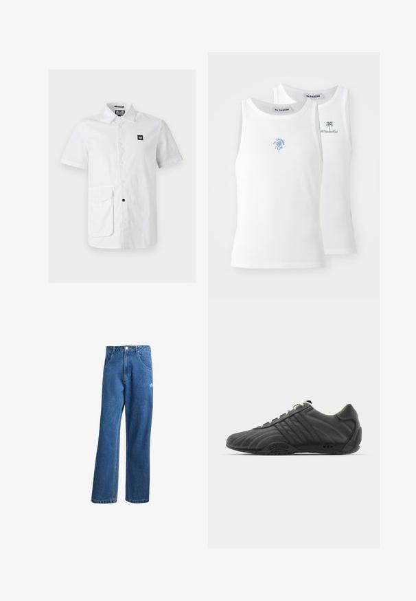 Hvit kortermet skjorte laget av bomull, med krage som kan kneppes, lomme foran og en liten svart logo-patch.; To hvite tank topper med ribbestruktur, som har broderte logoer i blått og grønt. Den ene har et soldesign, mens den andre har et palmetre.; Blå høyhalsede vide denimjeans med frontlommer, belteholdere, knappelukking og liten Adidas-logo på høyre lår.; adidas Originals ADIRACER UNISEX - Joggesko - core black/cream white