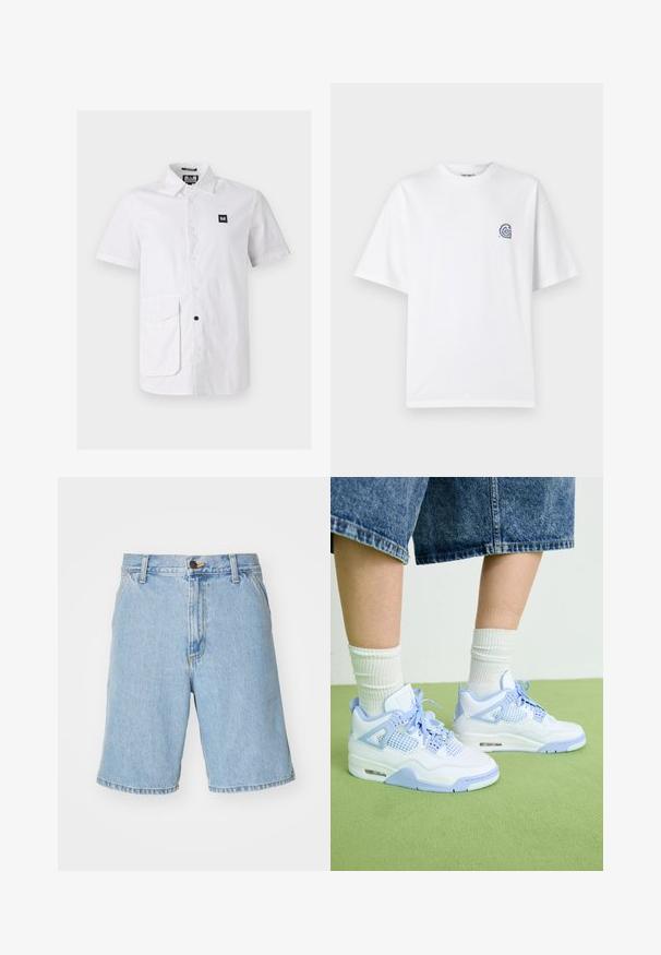 Camisa blanca de manga corta hecha de algodón, con un cuello de botón, bolsillo frontal y un pequeño parche de logo negro.; Camiseta de algodón blanca con cuello redondo y mangas cortas. Presenta un pequeño logotipo azul en el lado izquierdo del pecho. Textura suave.; Shorts de mezclilla azul claro con un corte relajado, que cuentan con cremallera, cierre de botón y cuatro bolsillos. La tela tiene una textura suave.; Zapatillas blancas y azul claro con acentos de malla, puntera redondeada, cordones y una unidad de amortiguación de aire, combinadas con calcetines blancos de canalé y pantalones cortos de mezclilla.