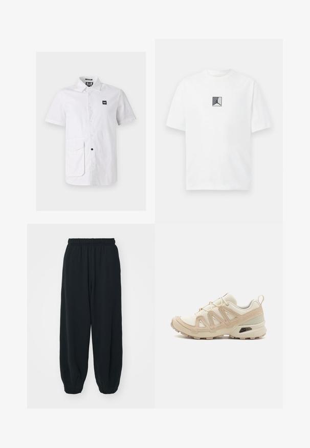 Biała koszula z krótkim rękawem wykonana z bawełny, z kołnierzykiem zapinanym na guziki, przednią kieszenią i małą czarną naszywką z logo.; Biała bawełniana koszulka z centralnym czarno-szarym logo. Klasyczny okrągły dekolt i krótkie rękawy w luźnym fasonie.; Czarne dresy z elastycznym pasem, luźny krój, ściśnięte nogawki, gładka tekstura, bez widocznych wzorów lub ozdób.; Beżowe i kremowe buty sportowe z teksturowanej siateczki, wspierającymi nakładkami oraz gumową podeszwą z wzorem bieżnika zapewniającym przyczepność.