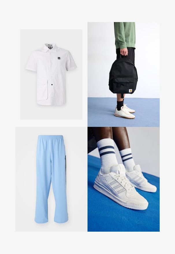 Balts īsām piedurknēm krekliņš no kokvilnas, ar pogājamu apkakli, priekšējo kabatu un mazu melnu logotipa uzšuvi.; Gaiši zili sporta bikses, izgatavotas no gludas auduma, ar elastīgu jostu un kontrastējošām melnām sānu svītrām.; Baltas ādas sneakeri ar perforētiem akcentiem, trim metāliskiem svītrām un strukturētu sānu paneļu. Valkāti ar baltiem zeķēm, uz kurām ir zilas svītras.; Melna auduma mugursoma ar augšējo rokturi, priekšējo rāvējslēdzēja kabatu un logo uzlīmi. Valkā persona ikdienas apģērbā un sporta apavos.