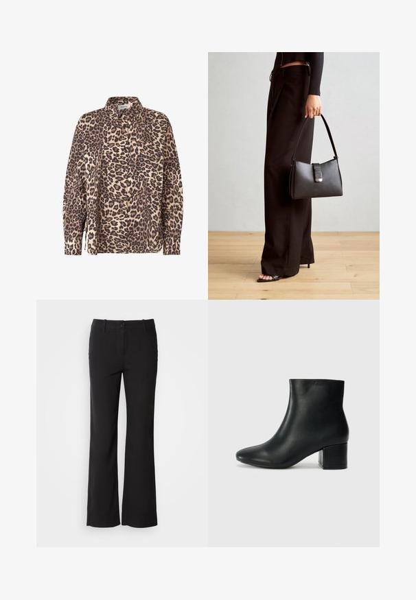 Leopard print button-up shirt in beige and brown fabric. Features long sleeves, a collar, and a chest pocket.; Black cotton blend trousers with a straight-leg design, front button closure, and two side pockets. Smooth texture, no visible patterns.; Black leather ankle boots with a pointed toe and a chunky heel. Smooth texture with minimal accents and a sleek, fitted design.; Black handbag with structured shape, smooth texture, and a metallic clasp. Paired with wide black pants and open-toe sandals on wooden floor.