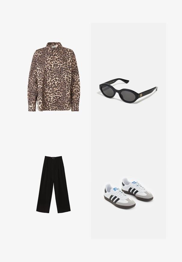 Hemd mit Leopardenmuster in beige und braunem Stoff. Verfügt über lange Ärmel, einen Kragen und eine Brusttasche.; Schwarze, weit geschnittene Hose mit hoher Taille, ausgestattet mit einem Gürtel in der Taille und Falten für Struktur. Hergestellt aus einem glatten, leichten Stoff.; Sportschuhe mit einem Obermaterial aus weißem Leder, grauer Wildleder-Zehenkappe und drei schwarzen Streifen. Sie verfügen über ein blaues Logo auf der Zunge und eine strukturierte Gummisohle.; Schwarze ovale Sonnenbrille mit dunklen Gläsern und glänzendem Kunststoffrahmen. Mit goldenem Logo am Bügel, das ein elegantes und modernes Design bietet.