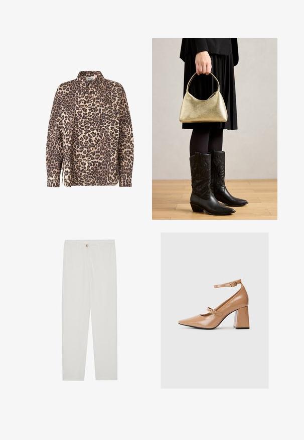 Leopard print button-up shirt in beige and brown fabric. Features long sleeves, a collar, and a chest pocket.; White, tailored trousers with a straight leg design, featuring a button closure, belt loops, and side pockets; smooth fabric texture.; Beige patent leather high-heeled shoes with a pointed toe, an ankle strap, and a chunky square heel. Smooth texture with glossy finish.; Gold textured handbag with a curved shape and short handle, held by a person wearing a black pleated skirt and black leather cowboy boots.