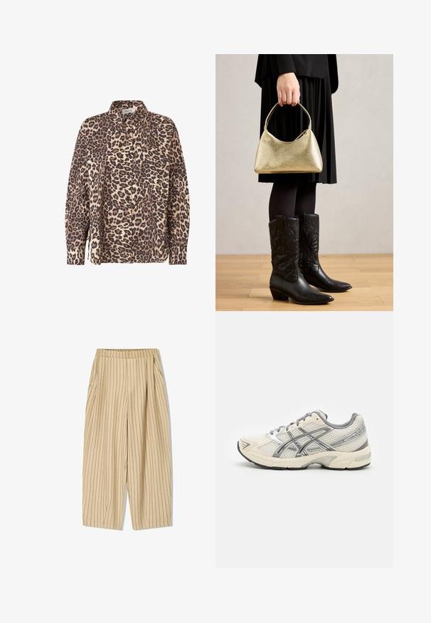 Leopard print button-up shirt in beige and brown fabric. Features long sleeves, a collar, and a chest pocket.; Beige striped trousers with an elastic waistband, featuring two side pockets, a loose fit, and vertical black pinstripes for detail.; Running shoes with a breathable white mesh upper, silver accents, grey laces, and a durable black rubber sole. Lightweight, cushioned design.; Gold textured handbag with a curved shape and short handle, held by a person wearing a black pleated skirt and black leather cowboy boots.