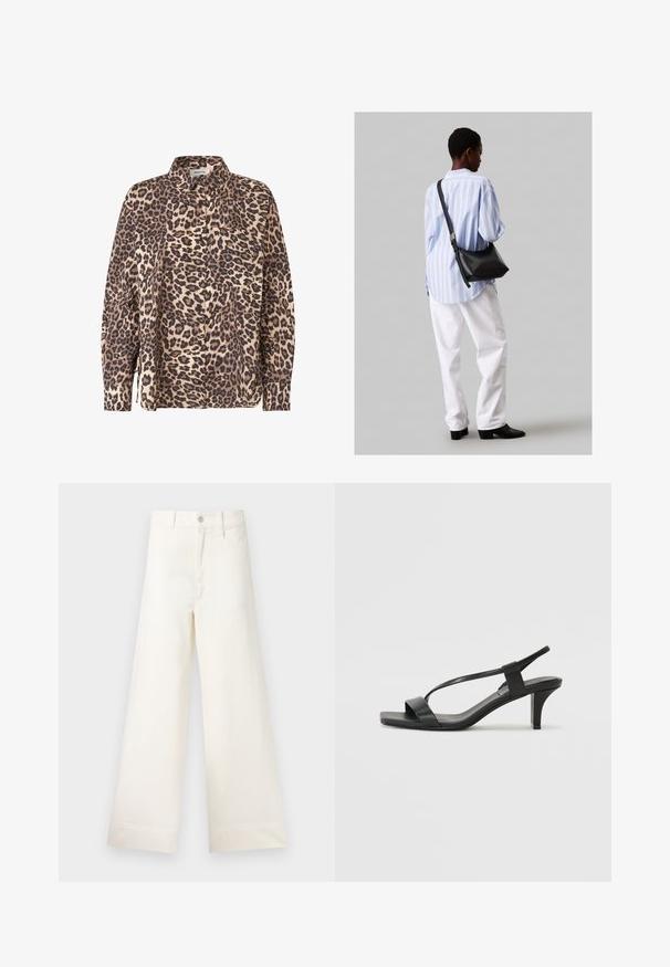 Košile s leopardím potiskem v béžové a hnědé barvě. Má dlouhé rukávy, límec a kapsu na hrudi.; Kalhoty s širokými nohavicemi v světle béžové bavlně. Mají vysoký pas, přední kapsy a rovný střih. Čistý lem bez vzorů.; Černé sandály na podpatku s úzkým páskem, čtveratou špičkou a středně vysokým blokovým podpatkem. Vyrobeny z hladké kůže s matným povrchem.; Černá kožená kabelka přes rameno s jemnou texturou, trojúhelníkovým tvarem a nastavitelným popruhem, v kombinaci se světle modrou pruhovanou košilí a bílými kalhotami.