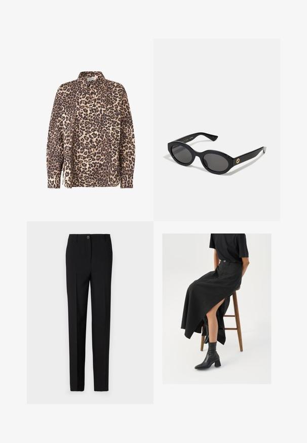 Košulja na dugih rukava s leopard uzorkom u bež i smeđoj tkanini. Ima ovratnik i džep na prsima.; Crne krojene hlače s ravnim krojem, koje imaju kopčanje na gumb i petlje za remen, izrađene od glatkog materijala.; Crna lanena maksi suknja s visokom prorezom, nosi se s crnom majicom i crnim gležnjačama. Minimalistički dizajn s opuštenim krojem.; Crne ovalne sunčane naočale s tamnim staklima i sjajnim plastičnim okvirom. Sadrže zlatni logotip na sljepoočnici, što pruža elegantan i moderni dizajn.