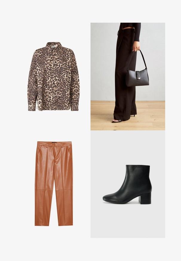 Camisa de botón con estampado de leopardo en tela beige y marrón. Presenta mangas largas, un cuello y un bolsillo en el pecho.; Pantalones de imitación de cuero marrón con un corte entallado, que presentan pliegues frontales y piernas rectas. Textura suave sin herrajes o acentos visibles.; Botas de cuero negras hasta el tobillo con una punta afilada y un tacón grueso. Textura lisa con acentos mínimos y un diseño elegante y ajustado.; Bolso negro con forma estructurada, textura suave y un cierre metálico. Combinado con pantalones anchos negros y sandalias de dedo en un suelo de madera.