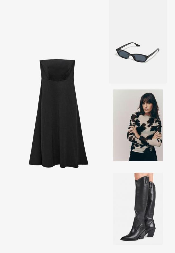 Top a maniche lunghe con una base di tessuto beige chiaro e un motivo astratto nero e grigio, realizzato in un materiale trasparente e leggermente testurizzato.; Abito nero senza spalline con un corpetto aderente e una gonna svasata lunga fino al pavimento. Realizzato in tessuto liscio senza pattern o accenti visibili.; Stivali neri in pelle al ginocchio con punta affusolata, gambale curvo e tacco grosso. Presentano una texture liscia e linguette di trazione nella parte superiore.; Occhiali da sole cat-eye neri con lenti scure, montatura in plastica, stanghette sottili e una leggera marca sulla parte interna del braccio. Finitura opaca.; Borsa a tracolla in pelle nera con design curvo, hardware color oro e manico superiore. Caratterizzata da una chiusura elegante e una superficie liscia.