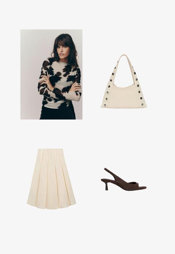 Langærmet top med en lysebeige stofbund med et sort og gråt abstrakt mønster, lavet af et gennemskinneligt, let tekstureret materiale.; Plisseret nederdel i cremefarvet stof; har en blød tekstur, mellemlang design og symmetriske plisseringer, der strækker sig fra taljen til kanten.; Brune ruskind slingback hæle med åben tå-design, der har en lav buet hæl og en blød tekstur hele vejen igennem.; PULL&BEAR SHOULDER - Shopping bags - beige