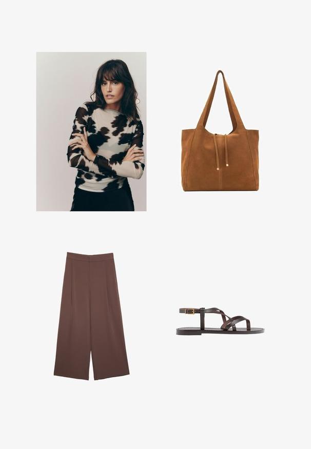 Långärmad topp i en ljusbeige tygbas med ett abstrakt mönster i svart och grått, tillverkad av ett genomskinligt, något strukturerat material.; Bruna vida byxor med en slät textur, som har hög midja och framfickor. Tyget är lätt och flödar löst.; Bruna lädersandaler med korsade remmar, spänne runt vristen och en platt sula med minimala sömnadsdetaljer.; Brun mockaläders toteväska med två långa remmar, dragsko-stängning och minimalistisk design. Slät textur och inga synliga metallaccenter.