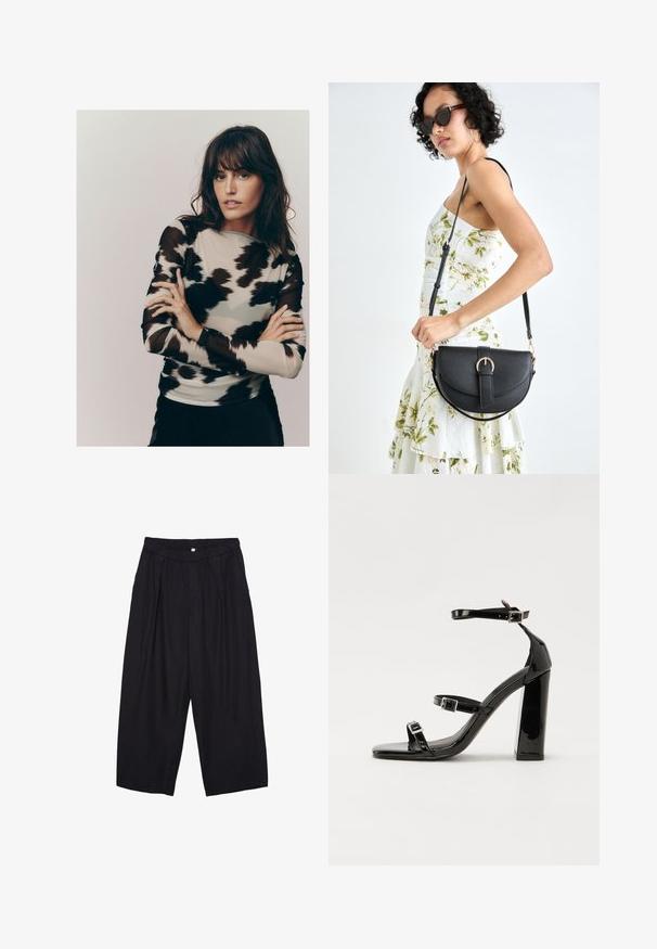 Langärmliges Oberteil aus einem hellbeigen Stoff mit einem schwarz-grauen abstrakten Muster, gefertigt aus einem transparenten, leicht strukturierten Material.; Schwarze Polyester-Culotte mit einem elastischen Bund, zwei vorderen Falten und einer lockeren Silhouette. Keine sichtbaren Muster oder Hardware-Details.; Schwarze patentierte Sandalen mit Absatz, quadratischer Spitze, Knöchelriemen und silbernen Schnallen. Mit einem stabilen Blockabsatz für mehr Stabilität.; Schwarze Lederhandtasche mit geschwungener Form, abnehmbarem Tragegurt und goldenen Beschlägen. Die Tasche verfügt über einen Deckel mit einer Schnallen-Details.