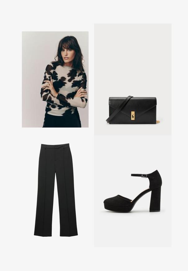 T-shirt à manches longues en tissu beige clair avec un motif abstrait noir et gris, fabriqué à partir d'un matériau transparent et légèrement texturé.; Pantalons larges taille haute noirs avec passants de ceinture et détail de couture sur le devant, présentés sur un fond blanc.; Talons compensés en suède noir avec un gros talon carré, bout rond et bride de cheville fixée par une boucle en métal. Texture lisse sur l'ensemble.; Portefeuille en cuir noir avec un rabat, matériel en or, mettant en avant un accent de logo. Inclut une sangle détachable pour le transport.