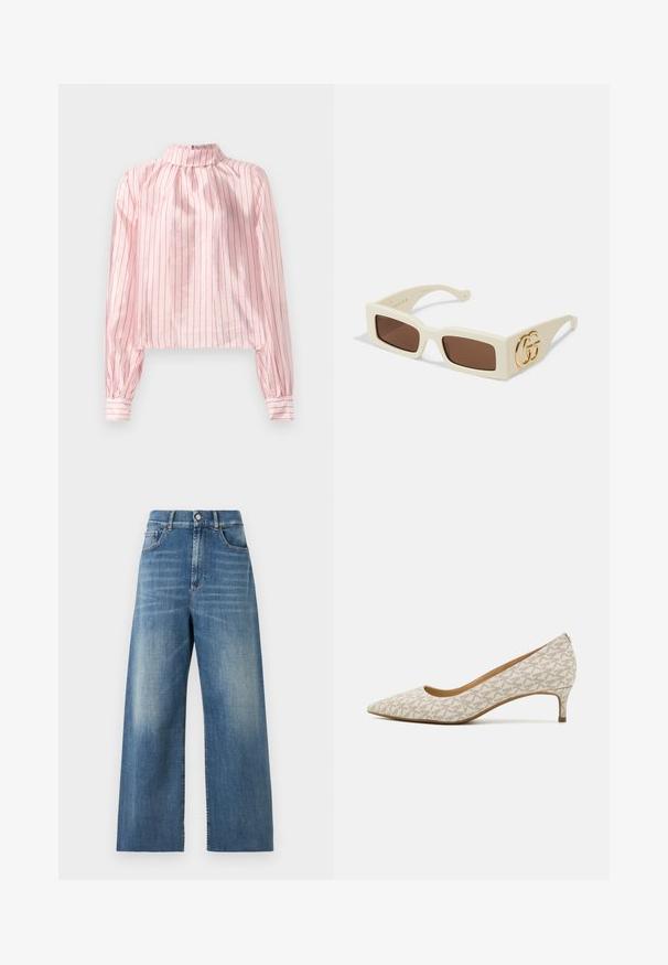 Rosa stripete bluse med høy krage, lange ermer med knappede mansjetter og en kort design. Glatt tekstur med skinnende detaljer.; Høy midje, vide jeans laget av blå denim med en falmet finish. Funktioner inkluderer frontlommer og en enkelt knappelukking.; Spiss tåpumps i beige stoff med geometrisk mønster, med lav hæl og slank silhuett. Glatt tekstur og minimale detaljer.; Hvite rektangulære solbriller med brune glass. Har en fremtredende gull GG-logo på siden. Laget av strukturert plastmateriale.